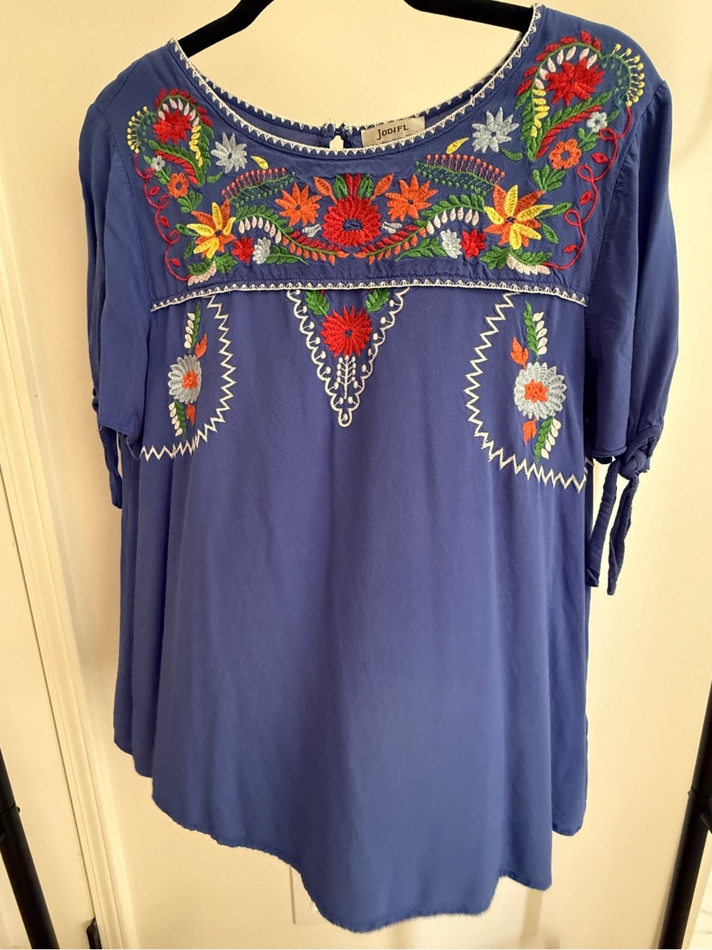 Boho Purple Blue Jodifl Embroidered Peasant Top W/ Floral Stitched Design